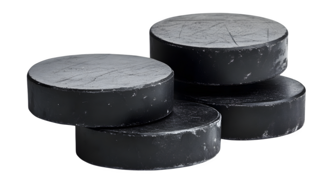 Stack of black hockey pucks with subtle texture,