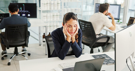 Research, woman and tired by laptop in laboratory with burnout, exhausted and overworked on genomic study. Data analyst, employee and bored with neuroscience experiment, MRI analysis and innovation