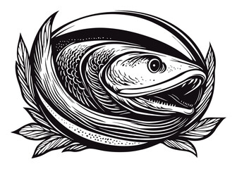 Obraz premium Detailed Black and White Illustration of a Fish with Decorative Elements