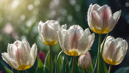 tulips flowers in morning dew in the garden