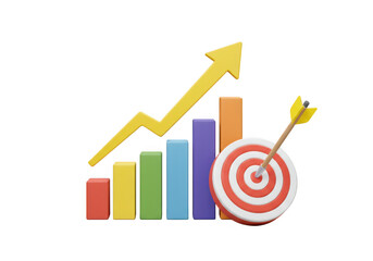 Colorful bar graph with arrow and target showing growth and success isolated on transparent background