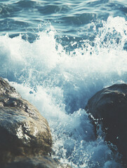 Obraz premium Powerful ocean waves crashing against dark coastal rocks. A dramatic seascape filled with motion and texture — perfect for marine visuals, environmental concepts, or adventure backdrops.