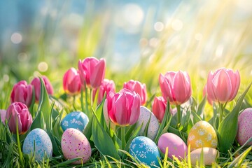 Pastel pink tulips blooming vibrantly amidst colorful Easter eggs nestled in a sun-drenched spring meadow.