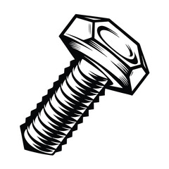 Black and White Hex Bolt with Thread Detail, Tool Part Isolated on White, Simple Design