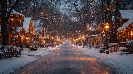 Winter village road illuminated with festive Christmas holiday lights display