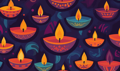 Colorful Happy Diwali Celebration Banner with Decorative Oil Lamps in Minimalist Style