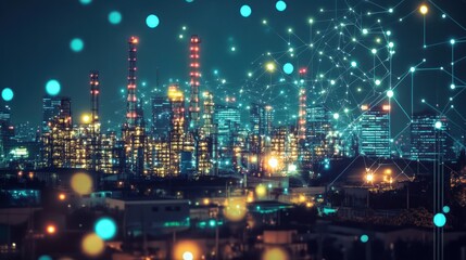 Fototapeta premium Illuminated Metropolis: A Night View of a Smart City's Industrial Heart
