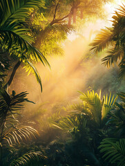 Lush jungle landscape with golden sunlight breaking through misty trees. A peaceful, cinematic scene perfect for nature backgrounds, adventure themes, or fantasy environments.