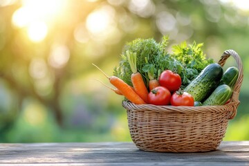 Colorful basket filled with fresh vegetables, glowing in warm su