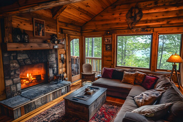 Cozy log cabin interior with fireplace and sofa