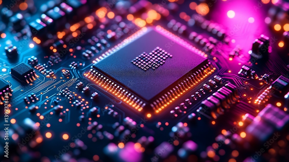 Poster close-up view of a microchip illuminated with vibrant multicolored lights showcasing intricate circu