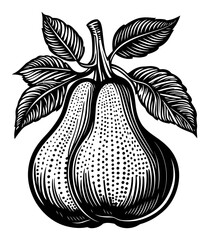 Detailed Illustration of Pears with Leaves in Black and White Style