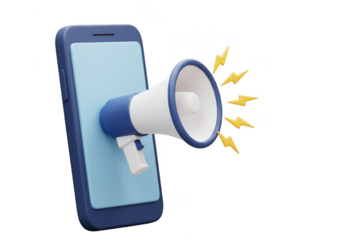 Megaphone emerging from a smartphone with lightning bolt graphics isolated on transparent background