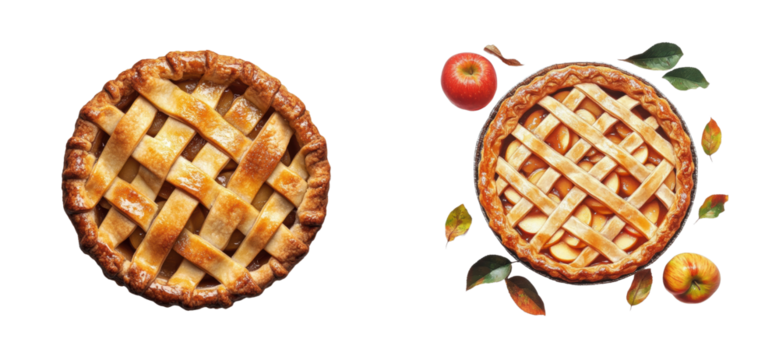 Two delicious homemade apple pies with lattice top and fresh apples, cut out - stock png