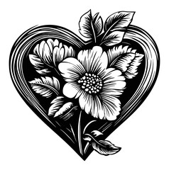 Elegant Floral Design Inside Heart Shape in Black and White Style