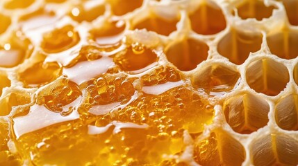 Honeycomb filled with sweet golden honey is glistening beautifully