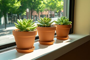 Obraz premium Succulents basking in sunlight on windowsill create serene atmos