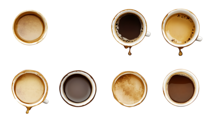 Variety of circular coffee cup ring stains, realistic drips,