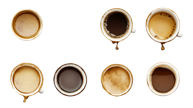 Variety of circular coffee cup ring stains, realistic drips,