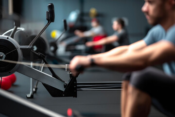 Athletic training on rowing machine in dark gym, intense cardio workout session, fitness and endurance exercise equipment closeup, sports training concept