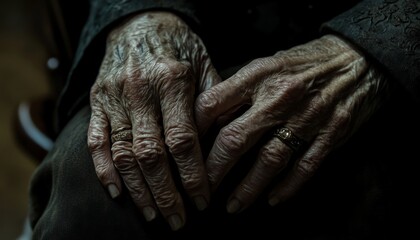 Fototapeta premium Elderly Hands with Rings in Low Light 