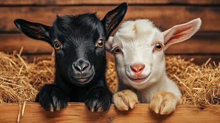 Fototapeta premium Two playful baby goats in a wooden stall filled with hay