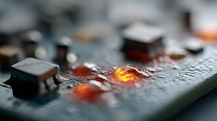 A circuit board shines with glowing lights, tiny components glisten with precision, highlighting technology and intricate engineering.