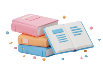 Stack of colorful books with an open book and floating cubes around isolated on transparent background