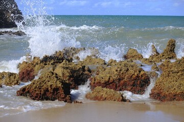 Sea waves splashing over reef rocks at edge of water in Tabatinga beach, close to Joao Pessoa, Brazil northeast. 