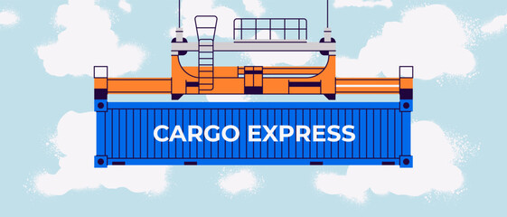 Naklejka premium Cargo container set isolated. Box from different sides collection. Freight shipping container hanging on crane hook. Realistic design. Flat style vector illustration. Blue color.