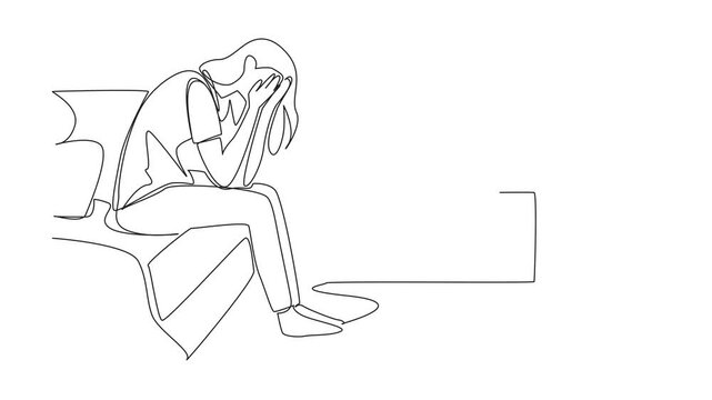 Animation of single one line drawing man sitting on the edge of the bed covering face with both hands. Woke up from a nightmare. Stress. National Anxiety Screening Day. Full length motion
