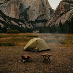Solitary camper with a tent and fire in a serene mountain landscape at dusk