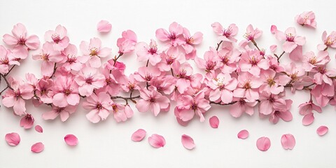 Fototapeta premium Delicate Pink Cherry Blossom Flowers with Petals on White Background for Spring Celebration or Nature Inspiration