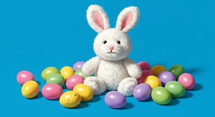 Fototapeta premium Fluffy White Easter Bunny Surrounded by Pastel Easter Eggs on Blue Background