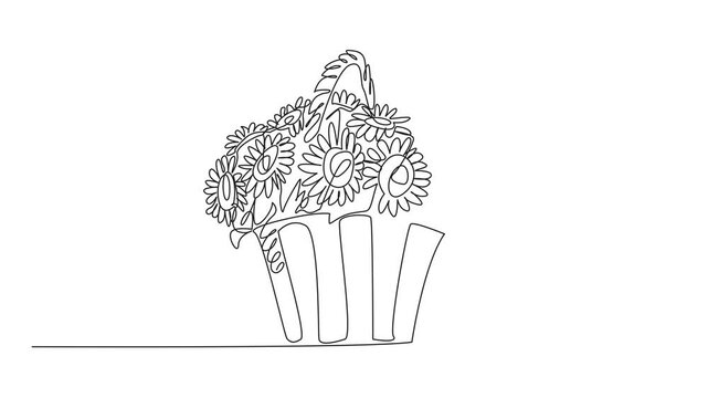 Self drawing animation of continuous one line drawing sunflower in a rattan woven bucket. Classic and elegant impression. Present. International Sunflower Guerilla Gardening Day. Full length animated