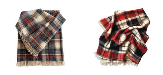 Warm plaid blankets with fringe in red and blue patterns, cut out - stock png
