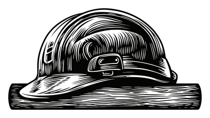 Vintage Style Construction Hard Hat Illustration on Wooden Beam