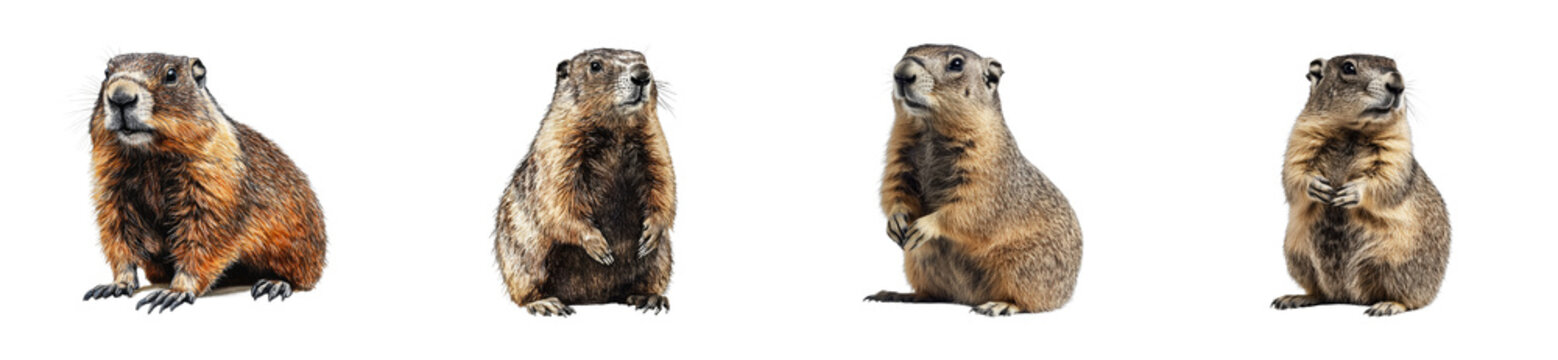 Four marmots in different poses and expressions, cut out - stock png