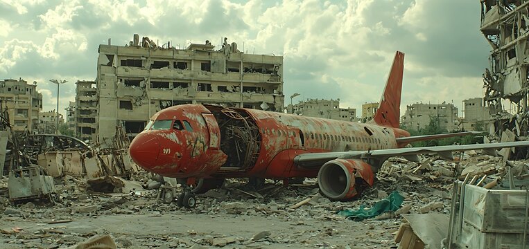 An abandoned red aircraft rests amidst destroyed buildings under a cloudy sky revealing a scene of desolation.