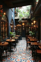 Fototapeta premium Lush indoor courtyard dining with warm lighting.