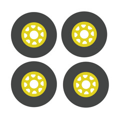 Black rubber wheel tire set. Wheel tires. Car tire tread tracks, motorcycle racing wheels and dirty tires track. Tyres road maintenance vector automobile. Auto wheel tyre. Vector illustration