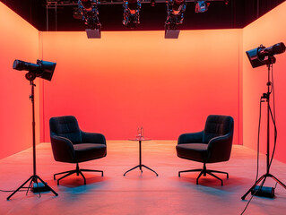 Studio Interview Setup: Warm Red Backdrop, Modern Chairs, Cinematic Lighting