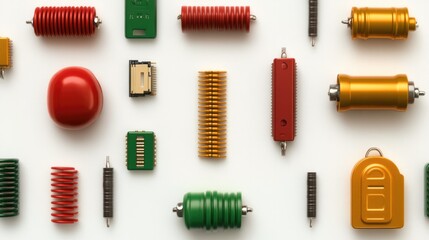 Colorful arrangement of various electronic components on neutral