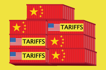 US and China trade tension shown through stacked chinese containers markes with tariff and us flags on a yellow background