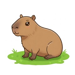 Obraz premium Cute cartoon capybara sitting on grass. Adorable, friendly, pet illustration