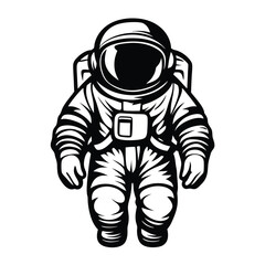 Cartoon Astronaut in Space Suit, Black and White Silhouette, Isolated on White Background