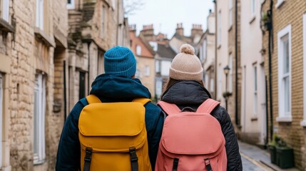 Couple Strolling Through Historic Street with Colorful Backpacks on a Winter Day