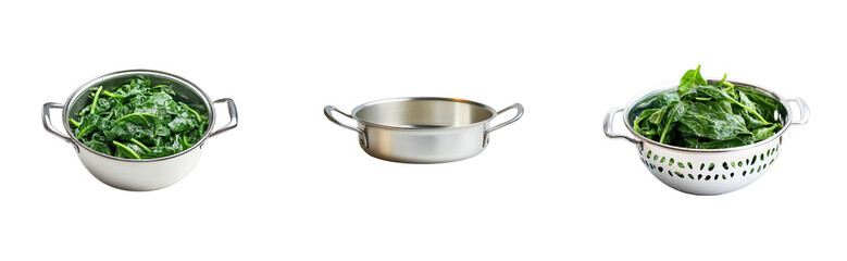 Fresh spinach leaves in metal colander and pan isolated on white background, cut out - stock png