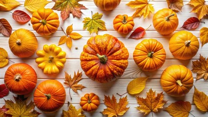 Cozy autumn scene: pumpkins, vibrant leaves scattered on a crisp white backdrop.