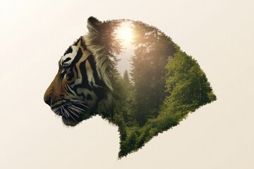 Majestic tiger silhouette merges with lush forest, creating harm